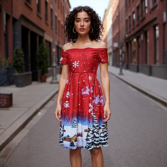 Vintage Dresses & Skirts - VINTAGE CHRISTMAS HOLIDAY Dress Small 4 6 Rockabilly Pin Up Off Shoulder Festive